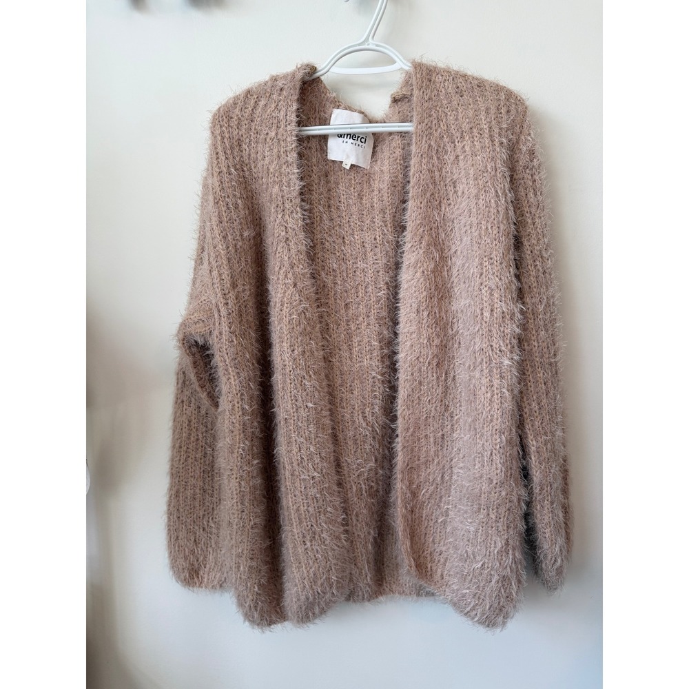 Amerci En Merci Womens Eyelash Knit Open Front Cardigan Tan Brown Medium